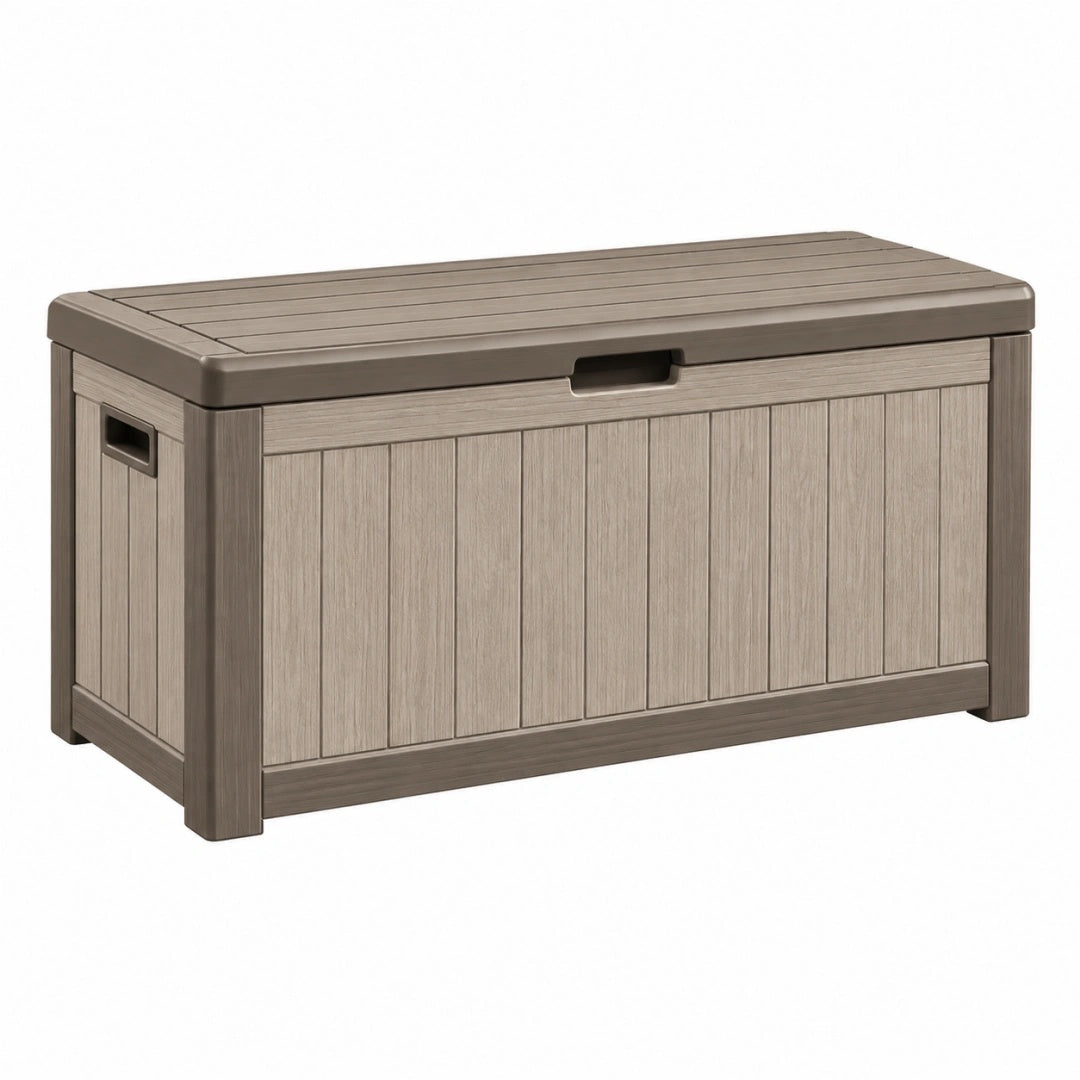 Garten Aufbewahrungsbox 120 x 60 x 63 cm Kunststoff Taupe in Holzoptik mit Deckel