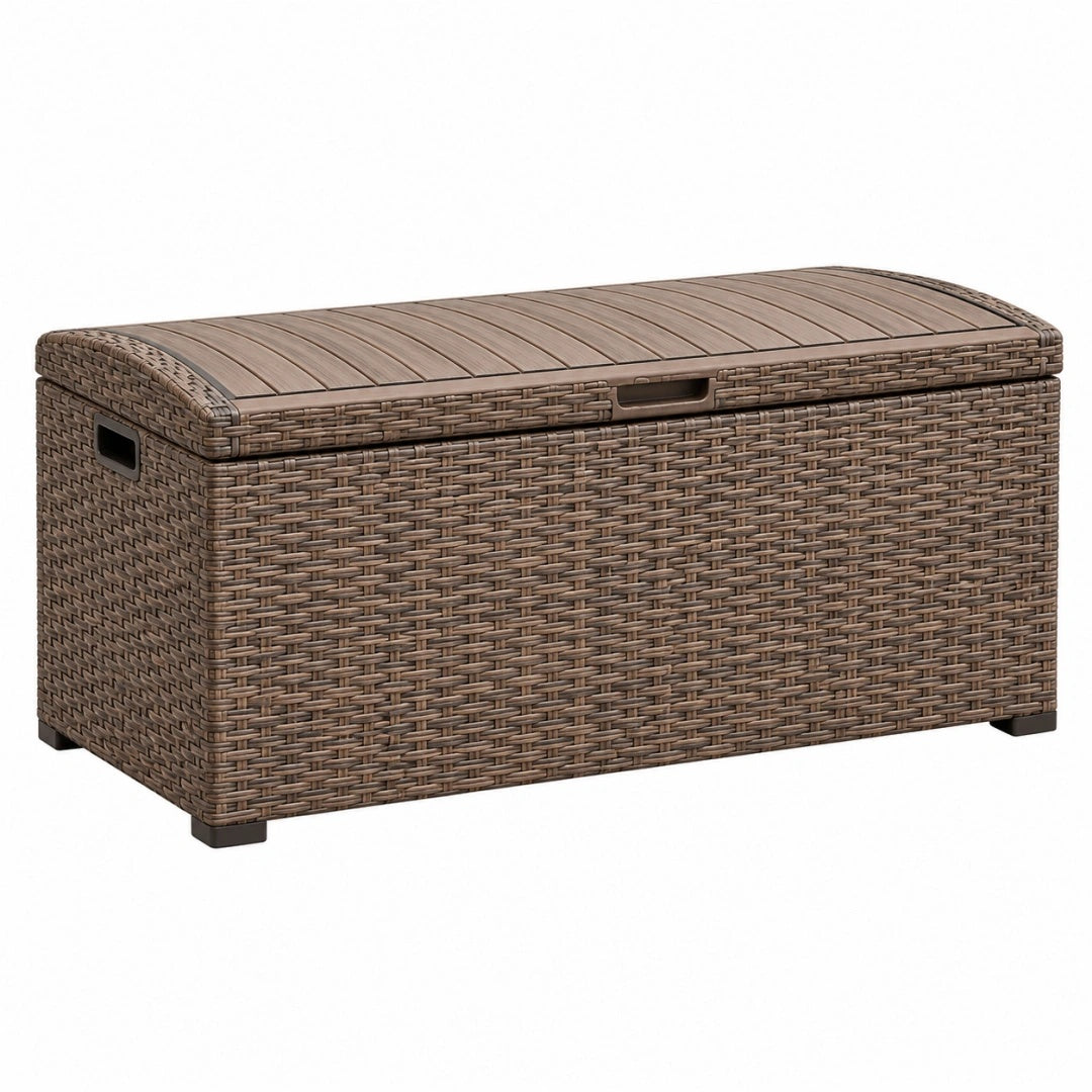 Aufbewahrungstruhe 100 x 50 x 50 cm Kunststoffgeflecht Braun mit Klappdeckel für Garten