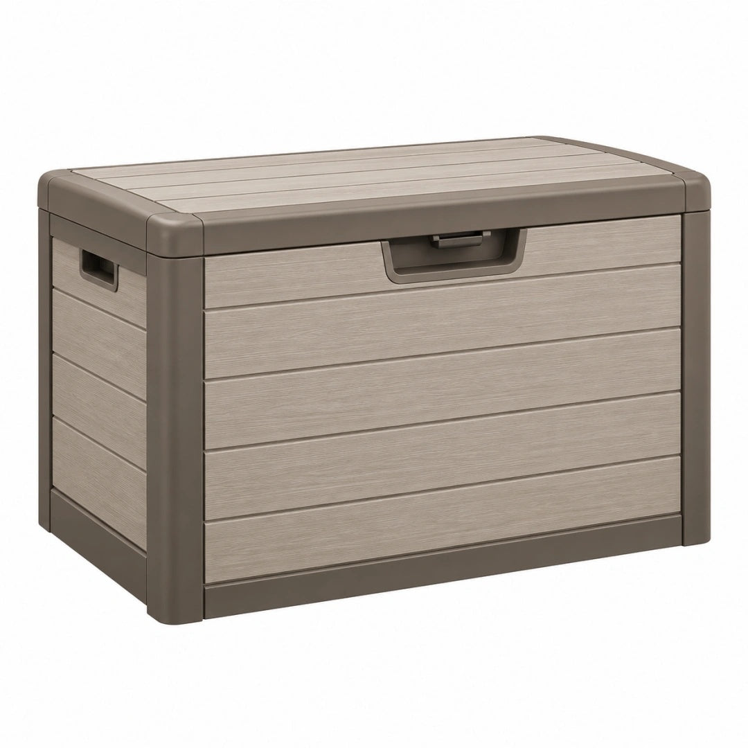 Aufbewahrungsbox 120 x 56 x 63 cm Kunststoff Taupe für Garten mit Deckel in Holzoptik