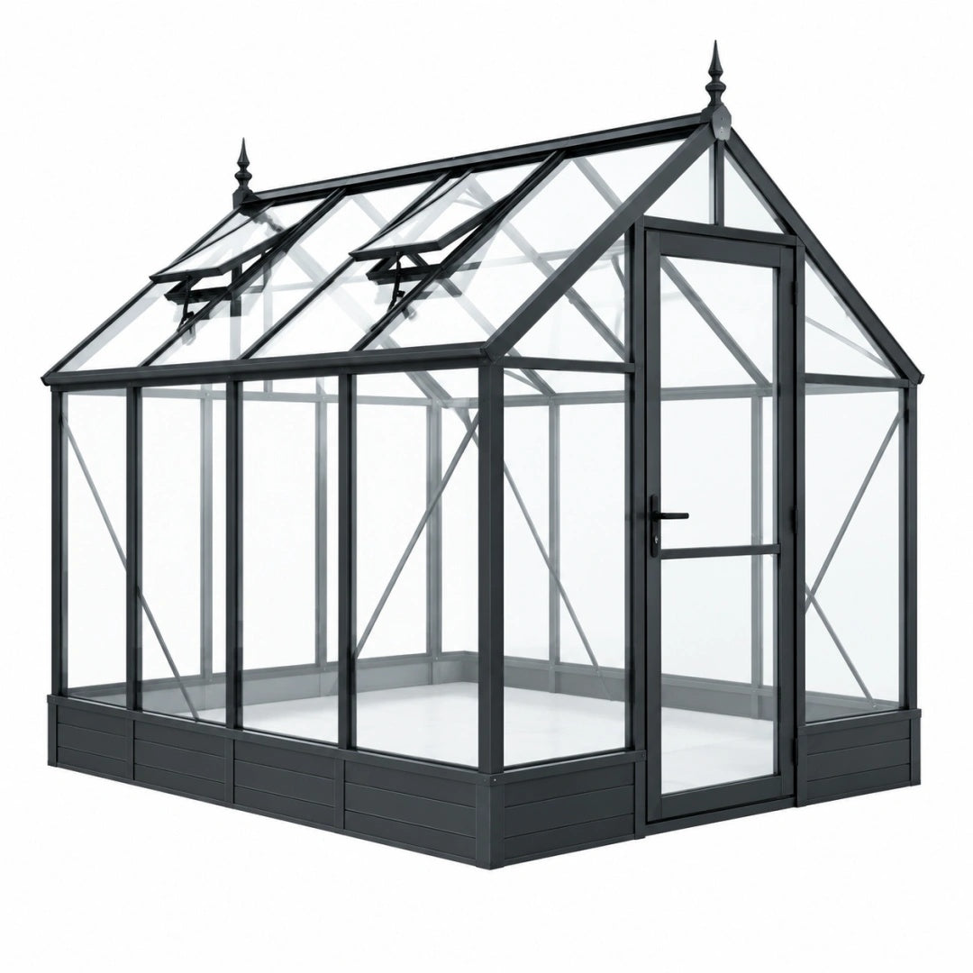 Gewächshaus 250 cm x 190 cm x 250 cm Aluminium Glas Schwarz viktorianisch mit Dachfenstern