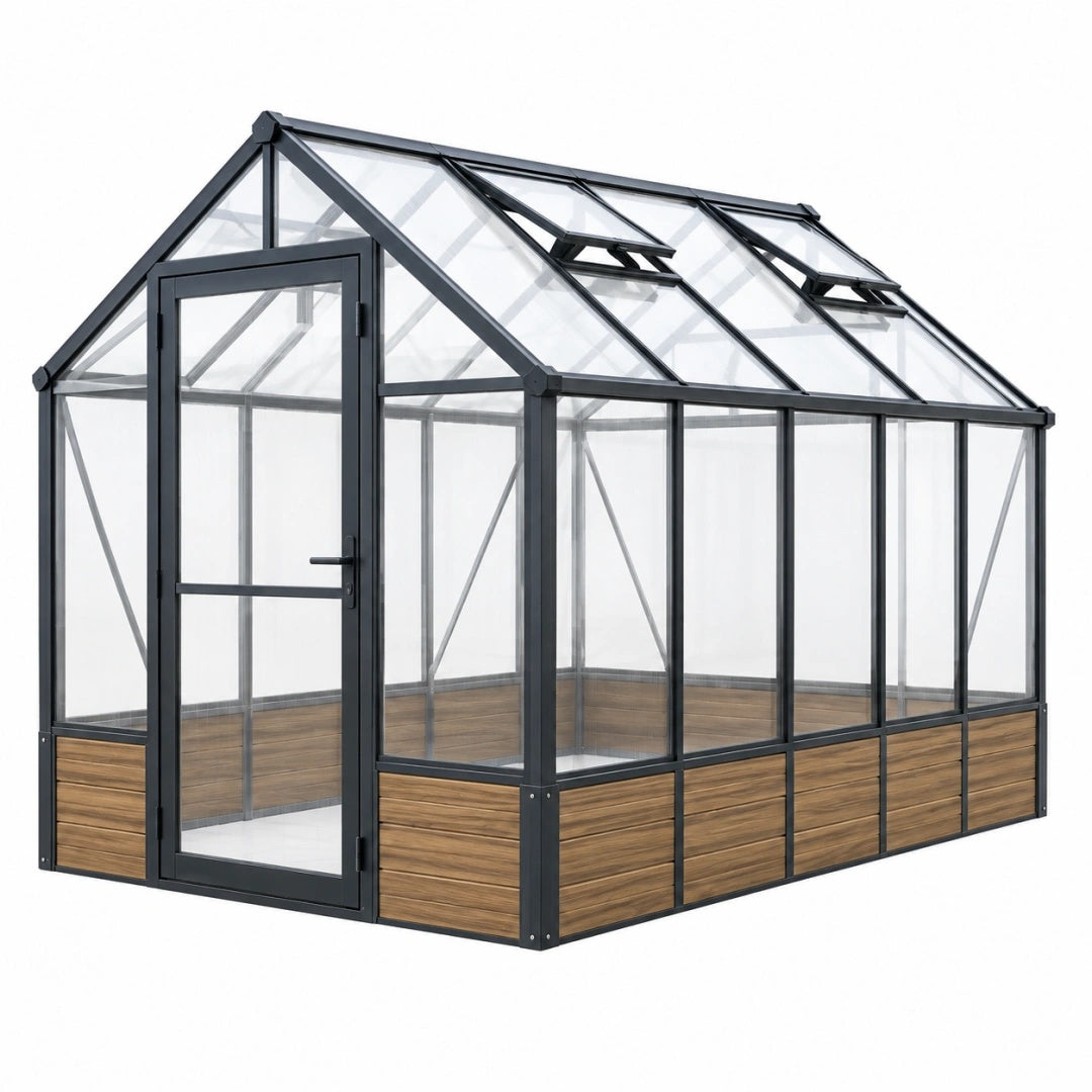 Gewächshaus 240 x 190 x 195 cm Aluminium transparente Verglasung Schwarz Holzoptik mit Dachfenstern