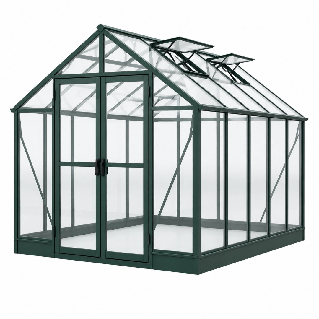 Gewächshaus 190 x 190 x 195 cm Aluminium Dunkelgrün mit transparenten Paneelen und Dachfenstern
