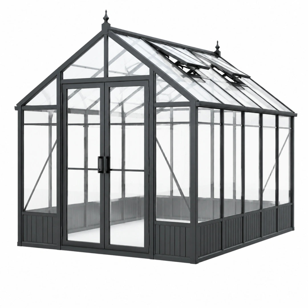 Gewächshaus 240 x 180 x 220 cm Aluminium Glas Schwarz Transparent mit Doppeltür und Dachfenstern
