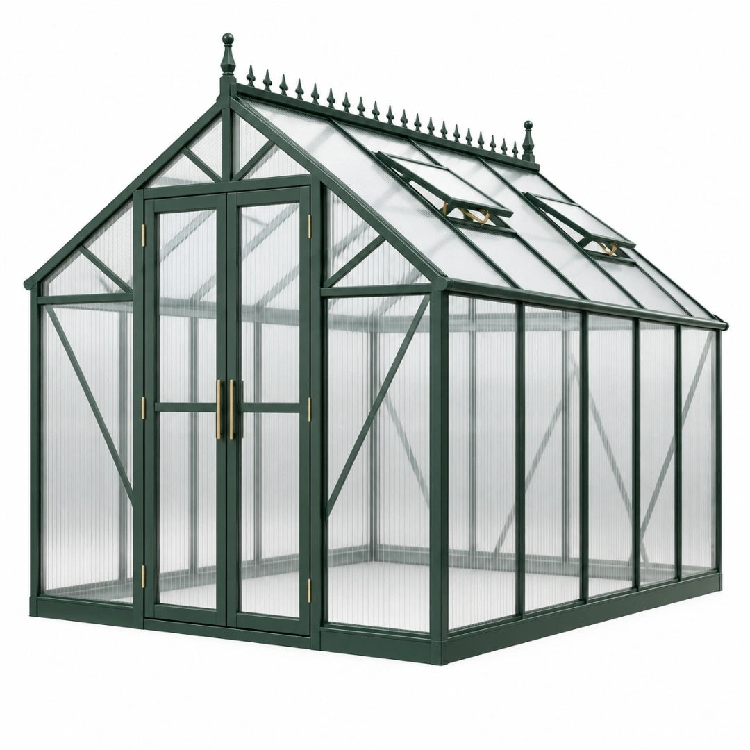 Gewächshaus 300 x 200 x 250 cm Aluminium Polycarbonat Dunkelgrün mit Doppeltür und Dachfenstern