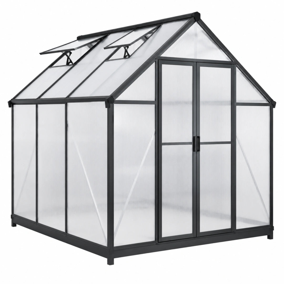 Gewächshaus 190 x 190 x 195 cm Aluminium Schwarz mit Polycarbonatplatten Doppeltür Dachfenstern