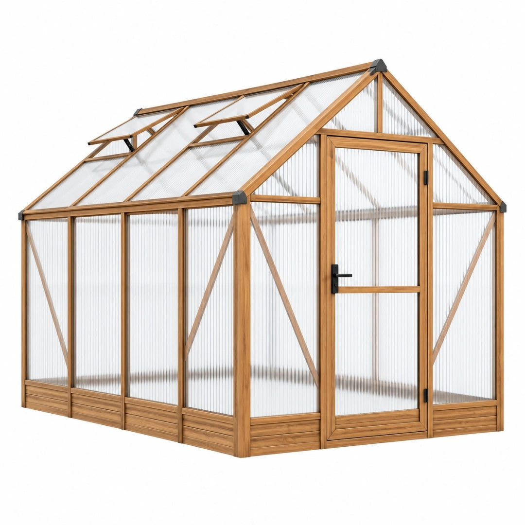 Gewächshaus 190 x 190 x 200 cm Aluminium und Polycarbonat Holzoptik für Garten mit Dachfenstern