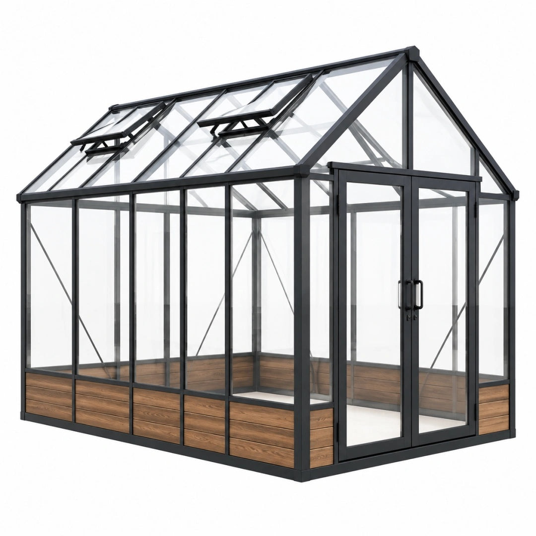 Gewächshaus 240 x 190 x 220 cm Aluminium Glas Schwarz mit Dachfenstern