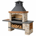 Grillkamin 180 x 70 x 240 cm aus Naturstein Holz und Stahl in Anthrazit mit Grillrost und Holzlager