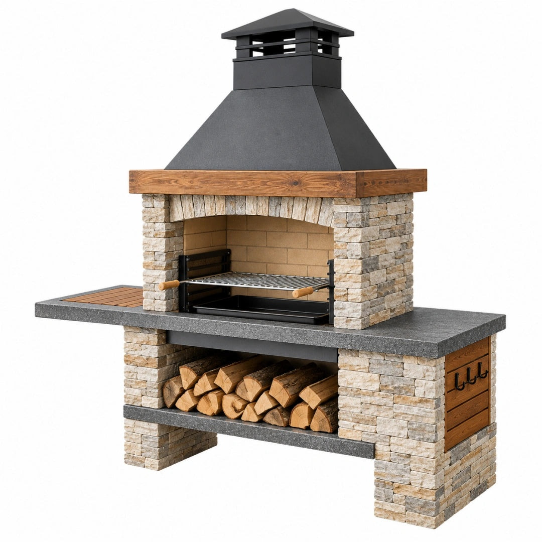 Grillkamin 180 x 70 x 240 cm aus Naturstein Holz und Stahl in Anthrazit mit Grillrost und Holzlager