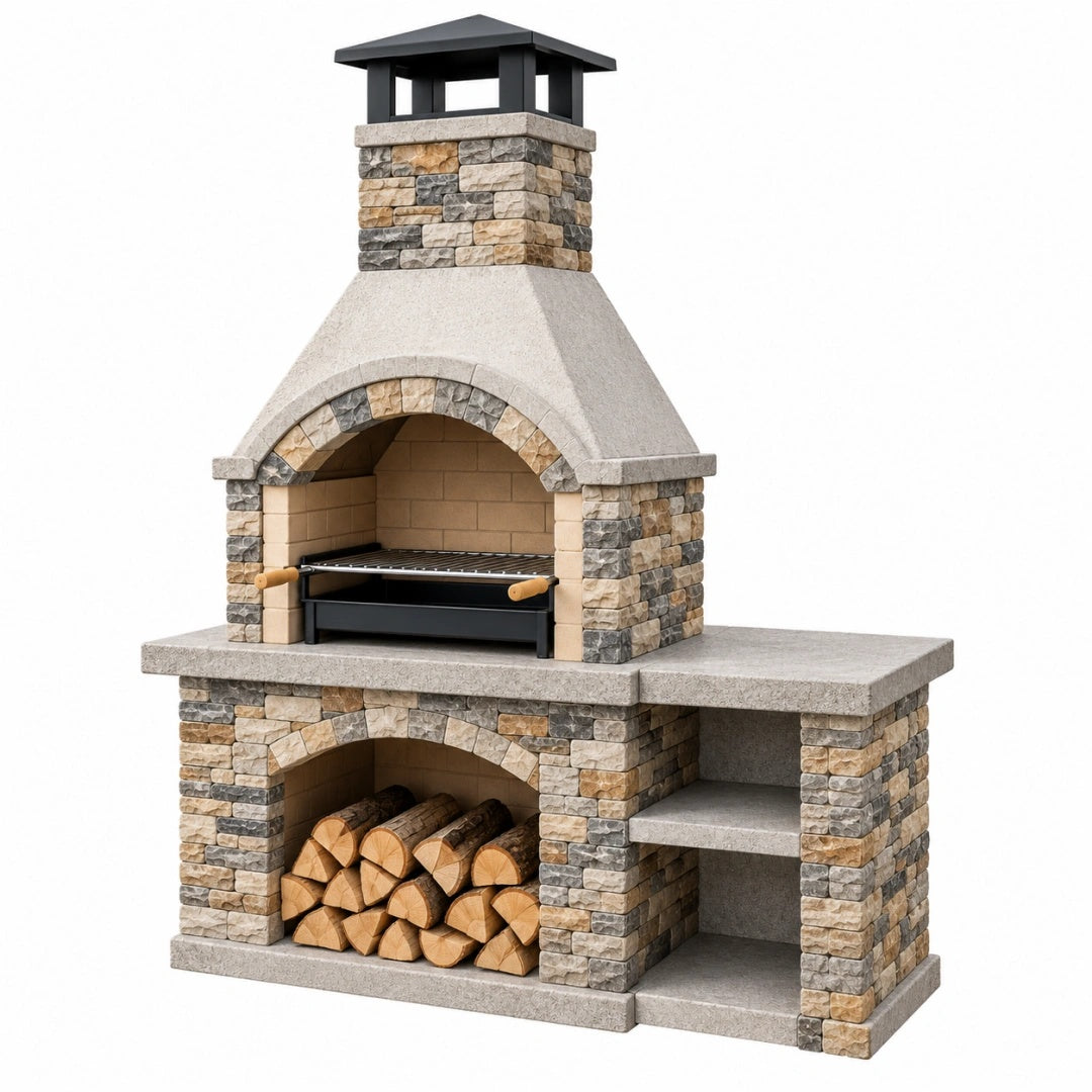 Gartenkamin 160 x 75 x 230 cm aus Stein Grau Beige mit Grillrost