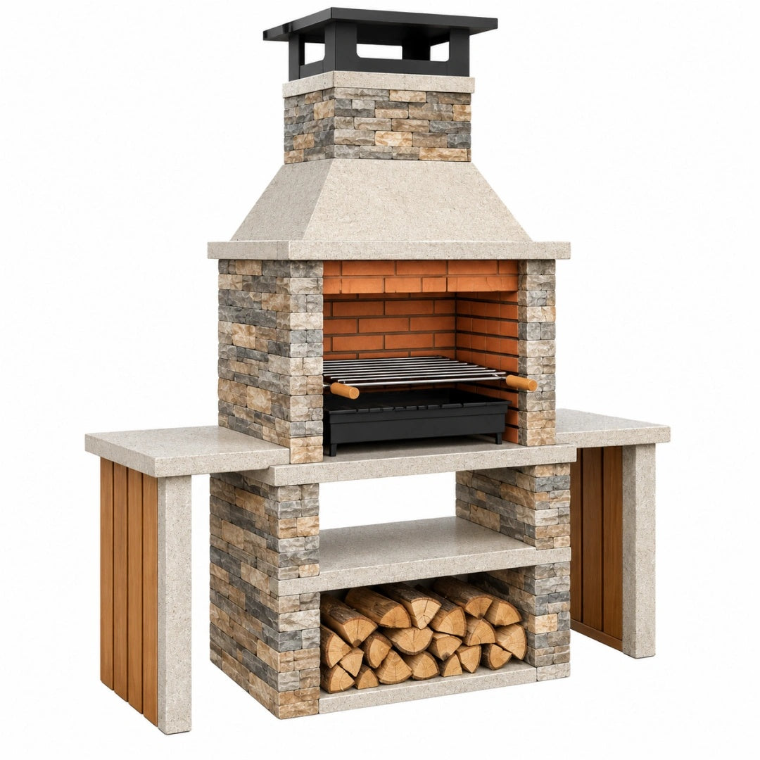 Gartengrill 160 x 70 x 230 cm Steinoptik mit Grillrost Holzablage und Kaminaufsatz