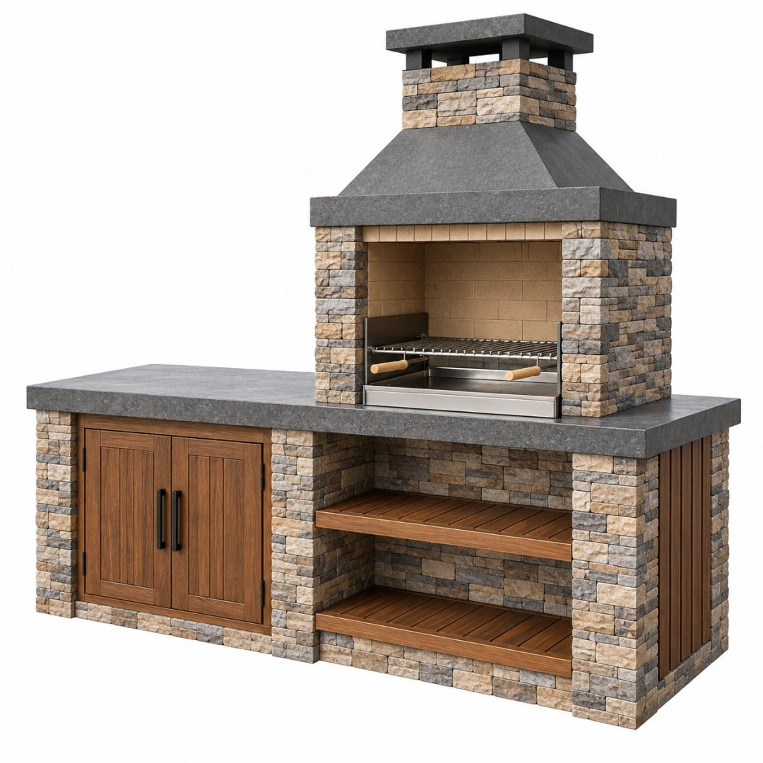 Garten-Grillstation 180 x 70 x 230 cm Stein Holz Edelstahl mit Stauraum