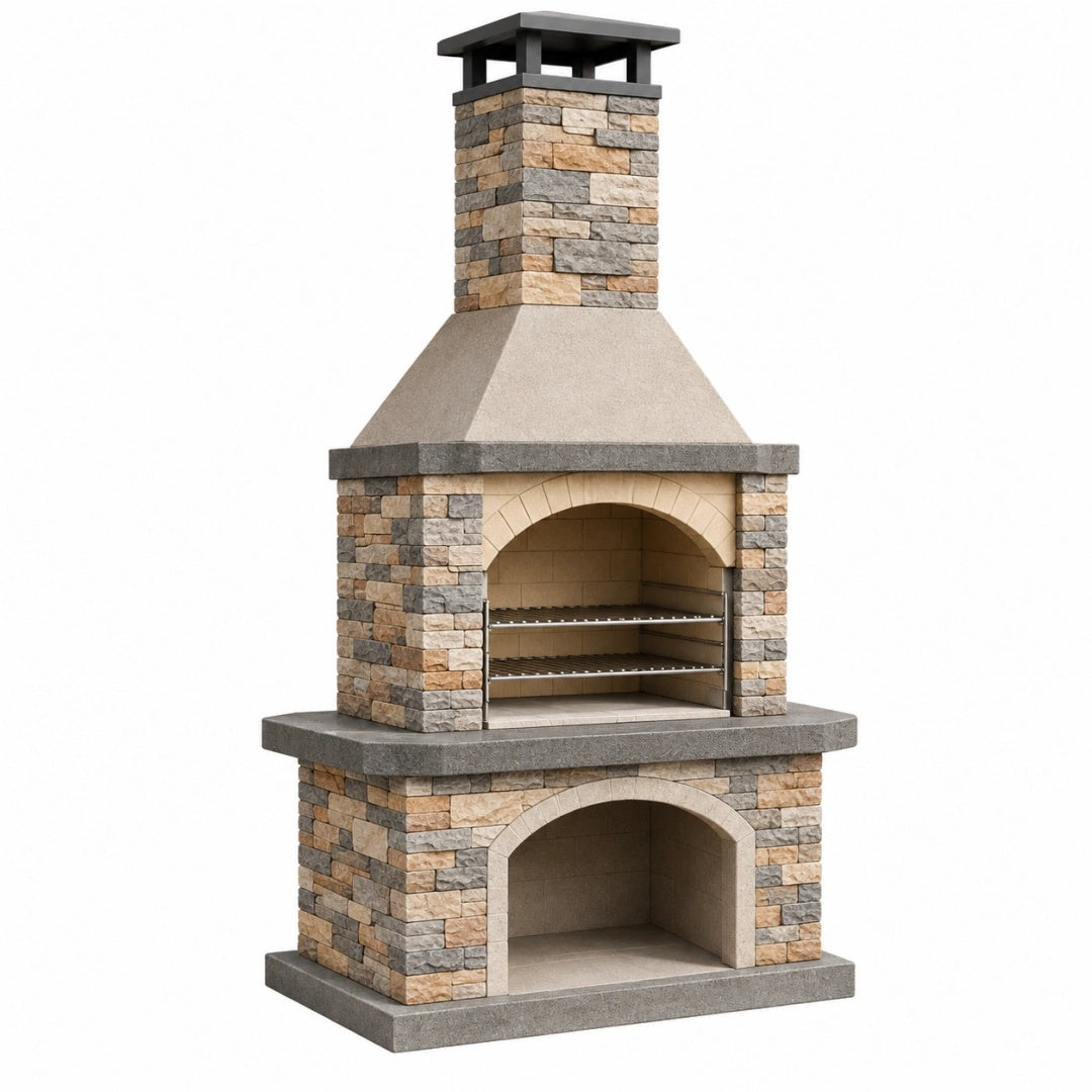 Gartenkamin 120 x 80 x 230 cm aus Naturstein Beige Grau mit Grillrost und Schornstein
