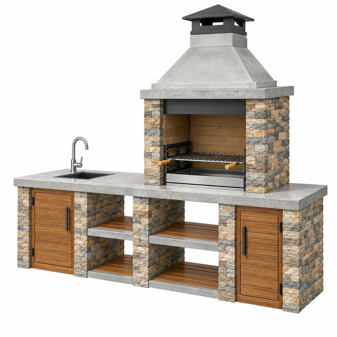 Gartenküche 300 x 70 x 240 cm aus Stein und Metall Grau Braun mit Grill und Spüle im rustikalen Stil