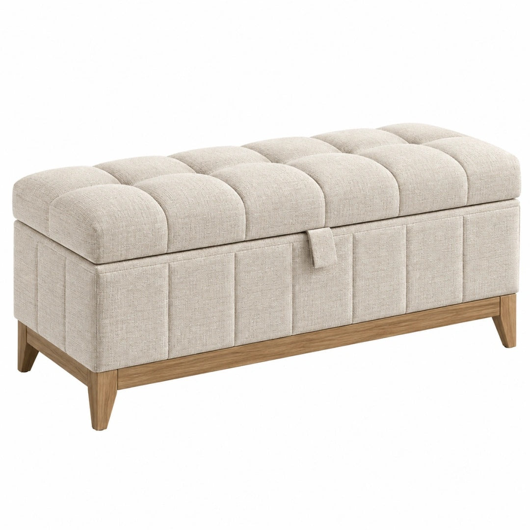 Sitzbank 120 x 45 x 50 cm aus Stoff in Beige mit Stauraum und Holzfüßen