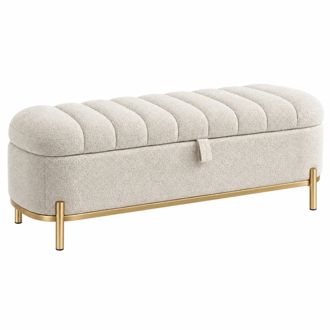 Sitzbank 100 x 40 x 45 cm mit Stauraum Bouclé-Bezug Beige Gold - gepolsterte Truhenbank