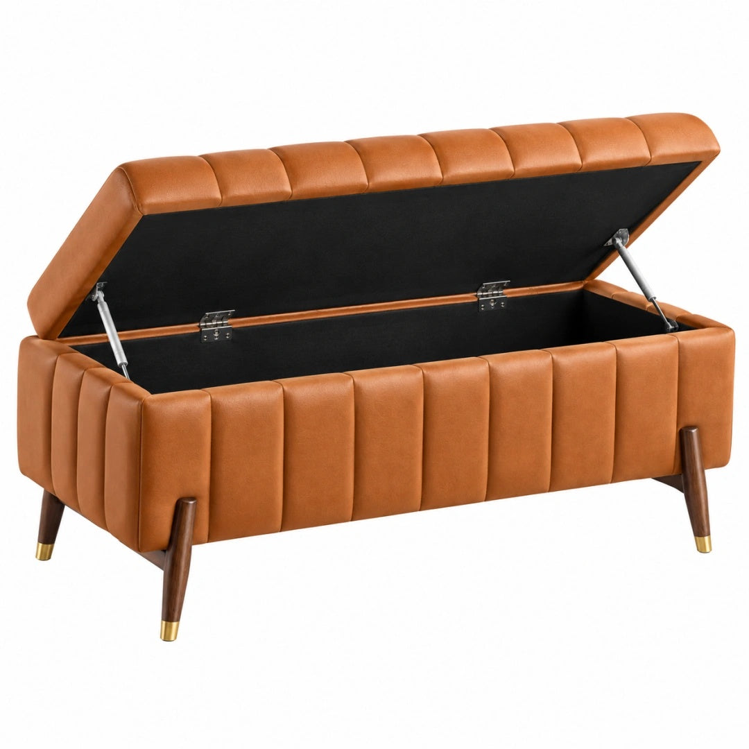 Sitzbank mit Stauraum 120 x 45 x 48 cm Kunstleder Cognacbraun gepolstert mit Klappdeckel