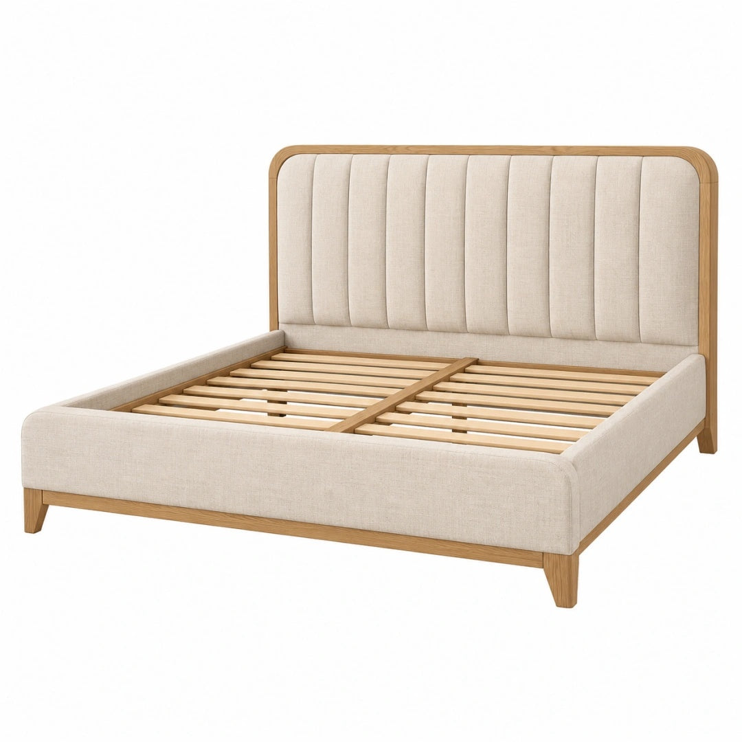 Polsterbett 160 x 200 cm Creme Naturholz Stoff Holz Lattenrost Modern