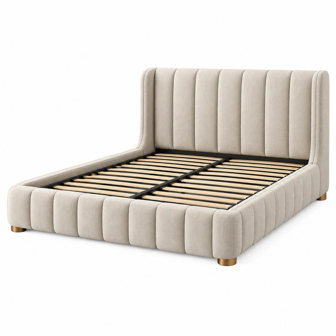 Polsterbett 160 x 200 cm Beige Stoff mit Lattenrost und geripptem Kopfteil
