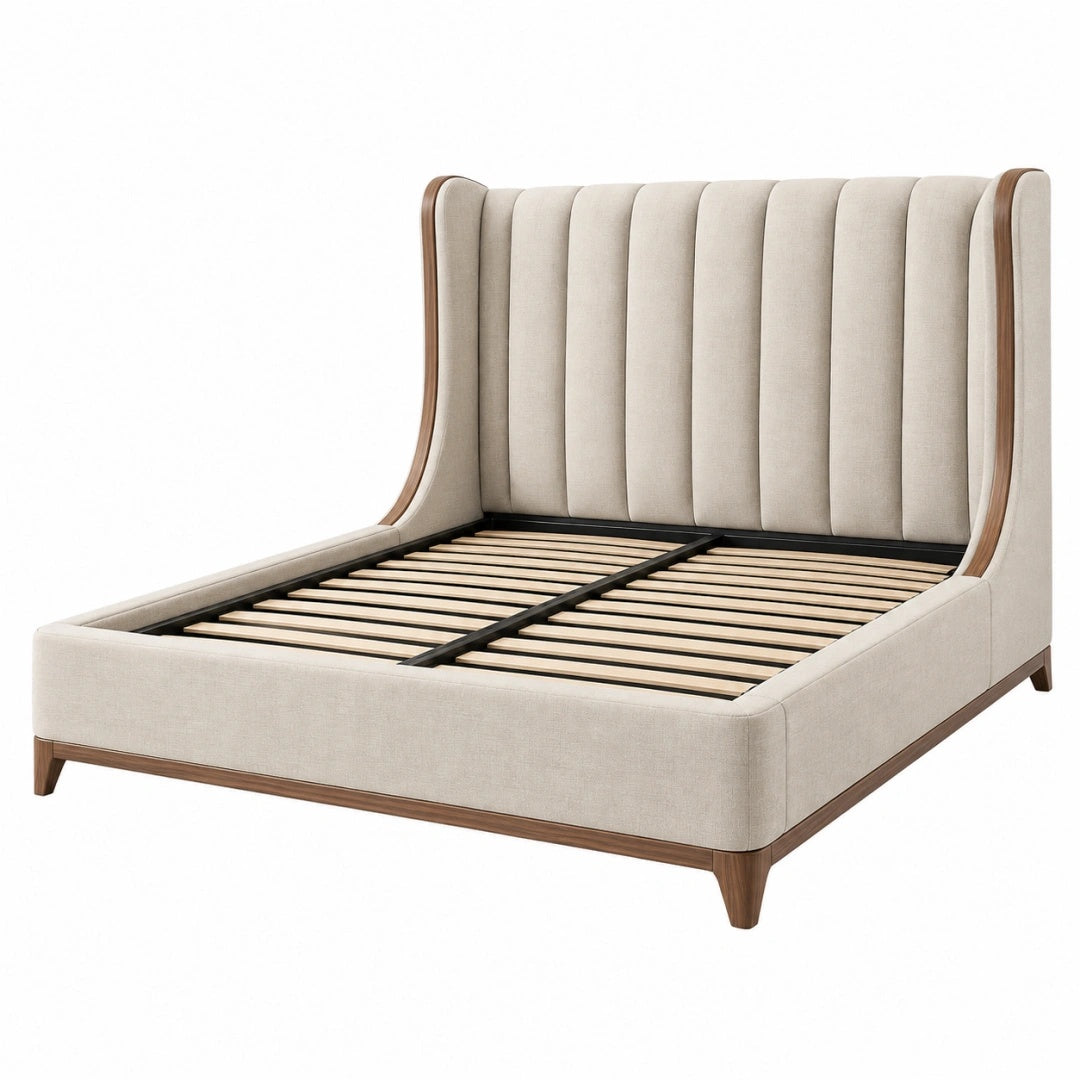 Polsterbett 160 x 200 cm Beige Walnussholz mit Lattenrost - modernes Doppelbett