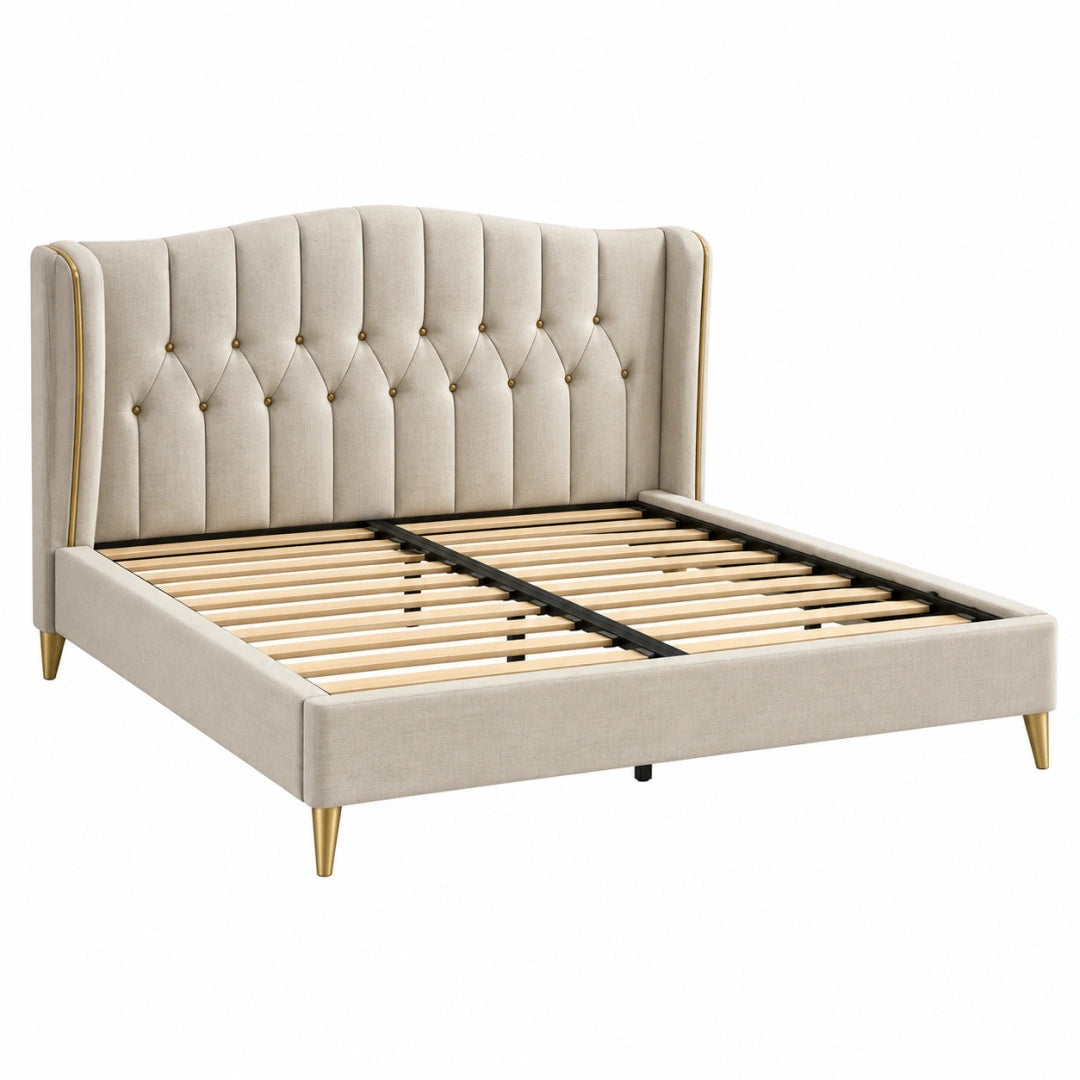 Polsterbett 160 x 200 cm Beige Stoff mit Lattenrost und goldfarbenen Metallfüßen