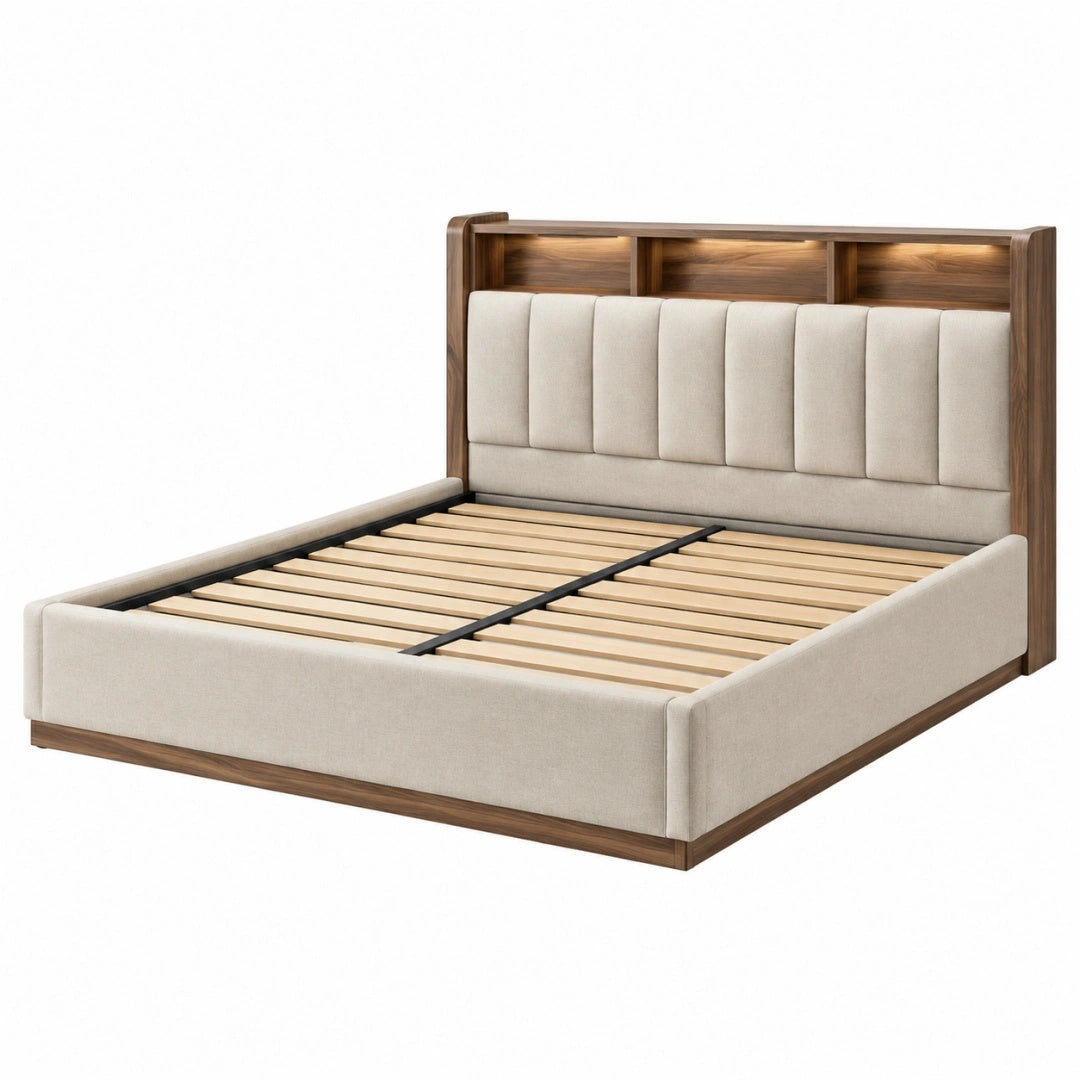Polsterbett 180 x 200 cm Holz Beige Braun mit gepolstertem Kopfteil und Lattenrost